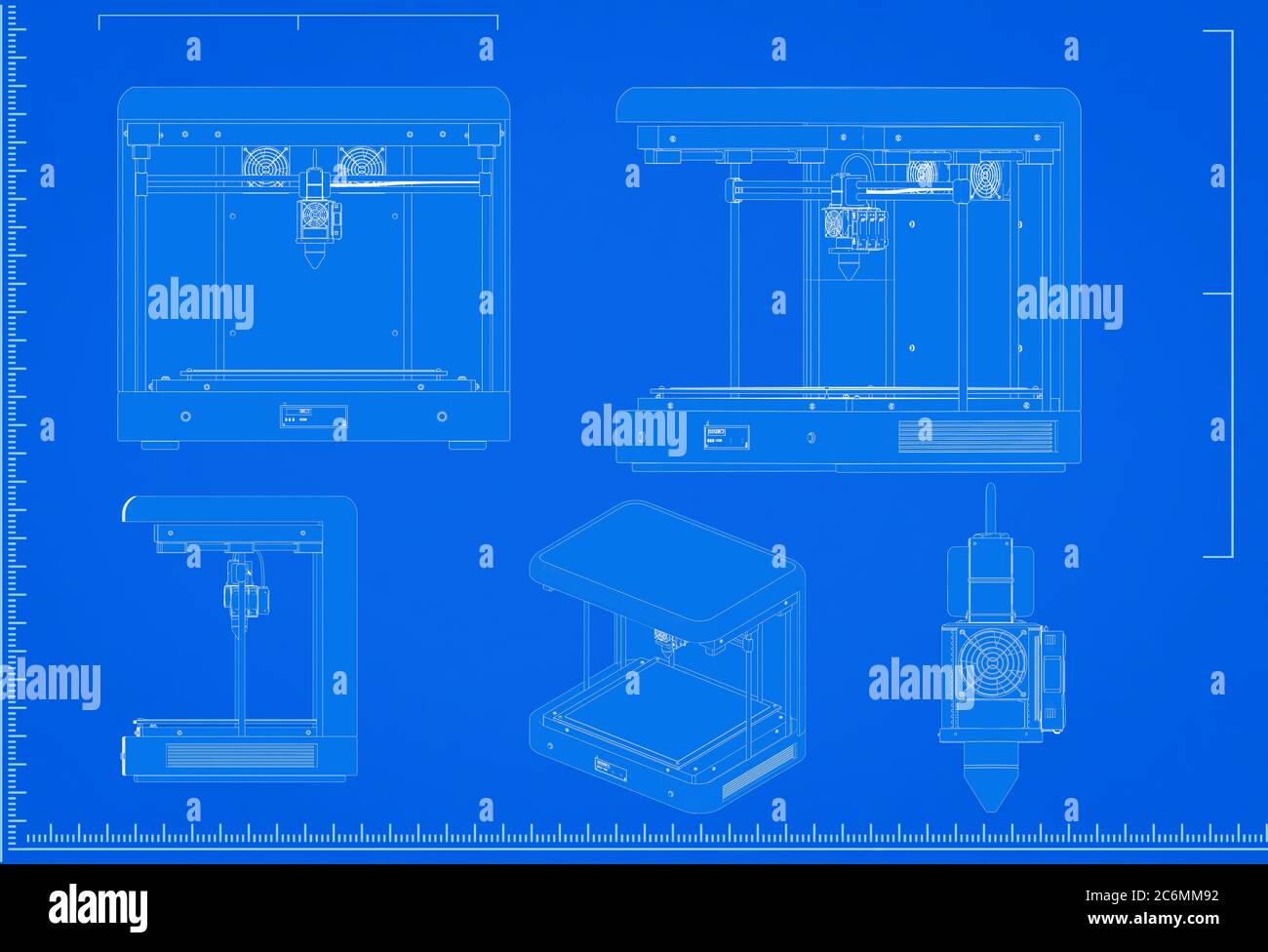 Sketch printer hi-res stock photography and images - 3D RenDering 3D Printer Blueprint With Scale On Blue BackgrounD 2C6MM92
