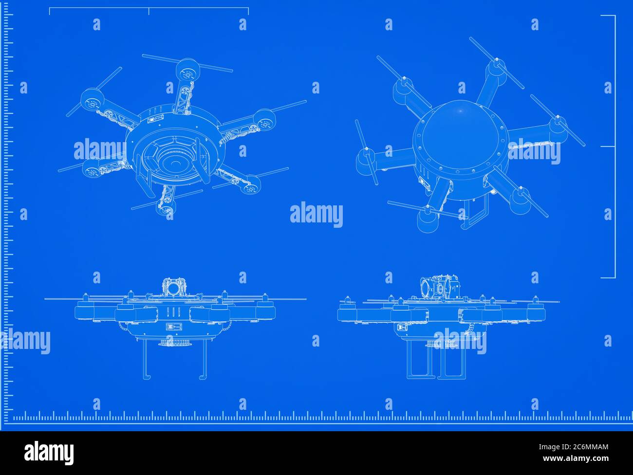 3d rendering drone blueprint with scale on blue background Stock Photo -  Alamy
