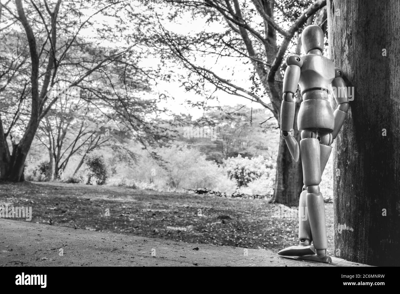 A Wooden Human Manikin relaxing outdoors, Ishasha, Uganda, Africa Stock