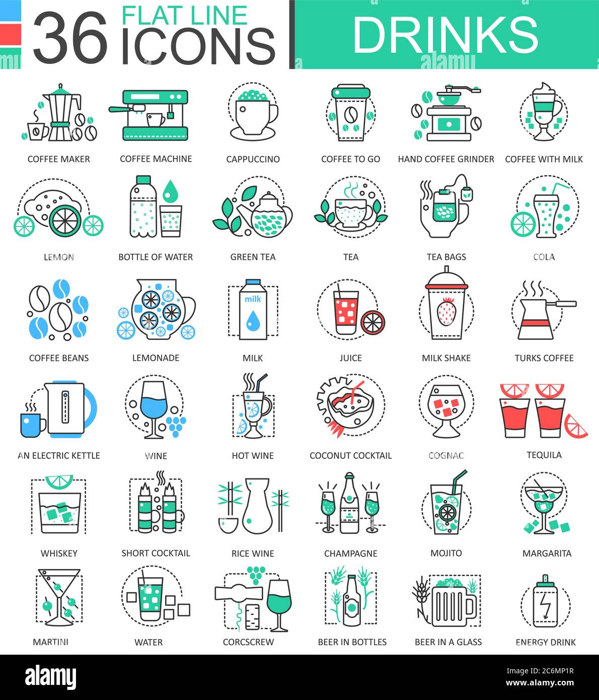 Vector drinks flat line outline icons for apps and web design. Drink icon Stock Vector Image