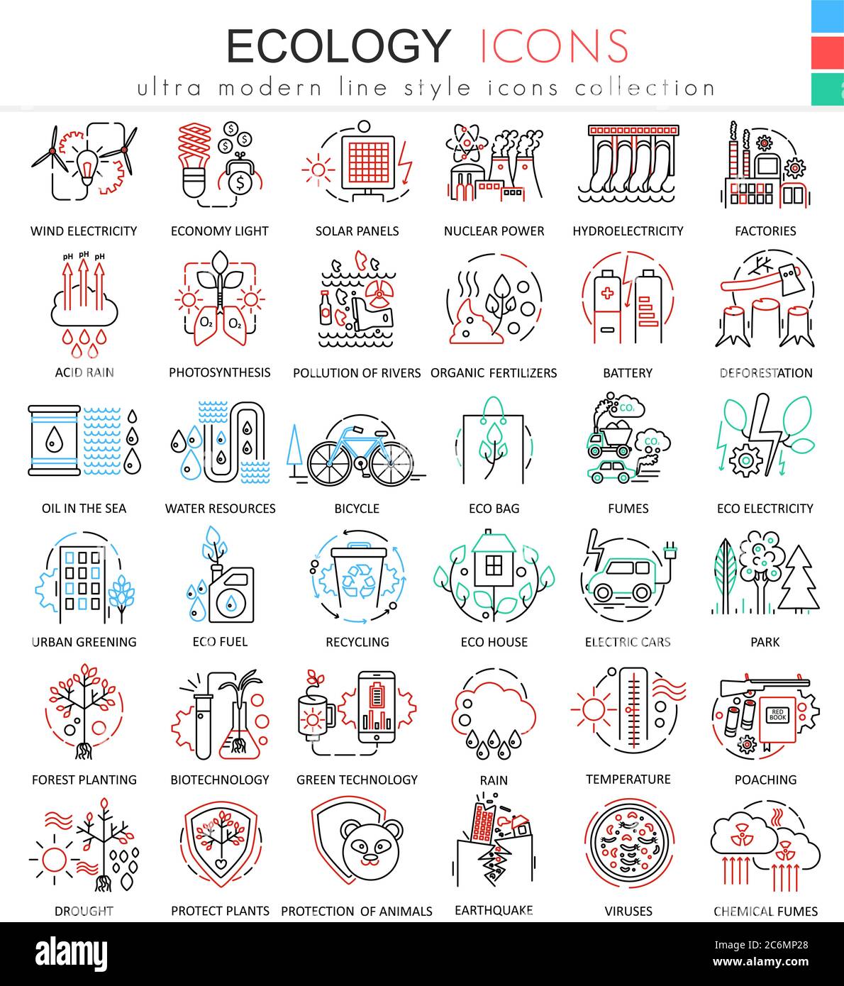 Vector Ecology color line outline icons for apps and web design ...