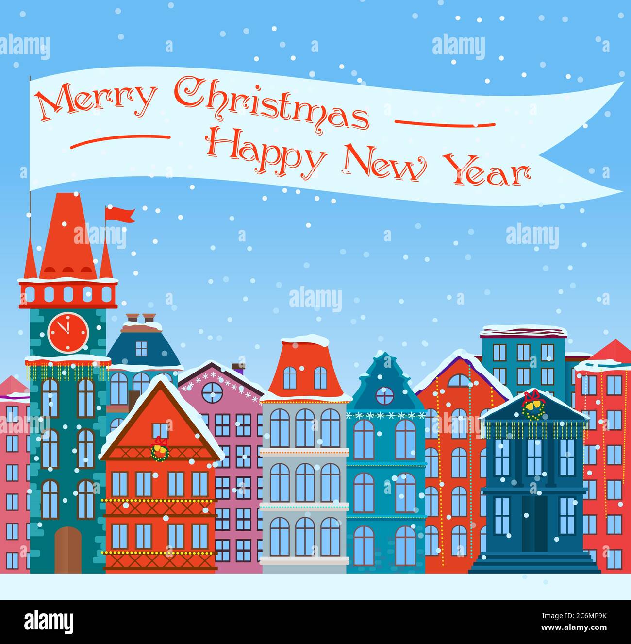 Christmas town illustration. Xmas snowy old willage. Cartoon buildings. Christmas background. City street at Winter. New Year greetings card Stock Vector