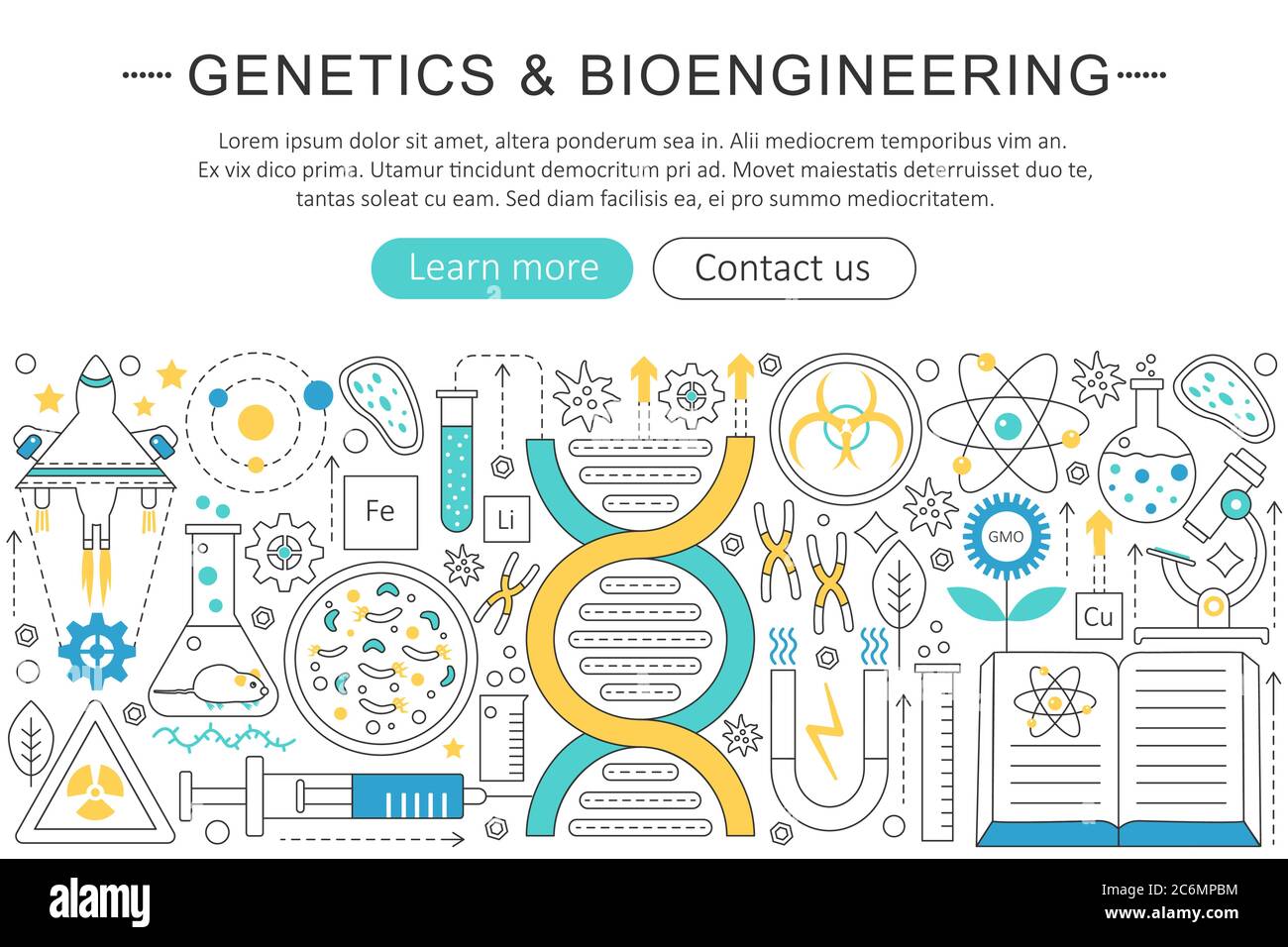 Vector elegant thin flat line Genetics and bioengineering concept. Website header banner elements layout. Presentation, flyer and poster Stock Vector