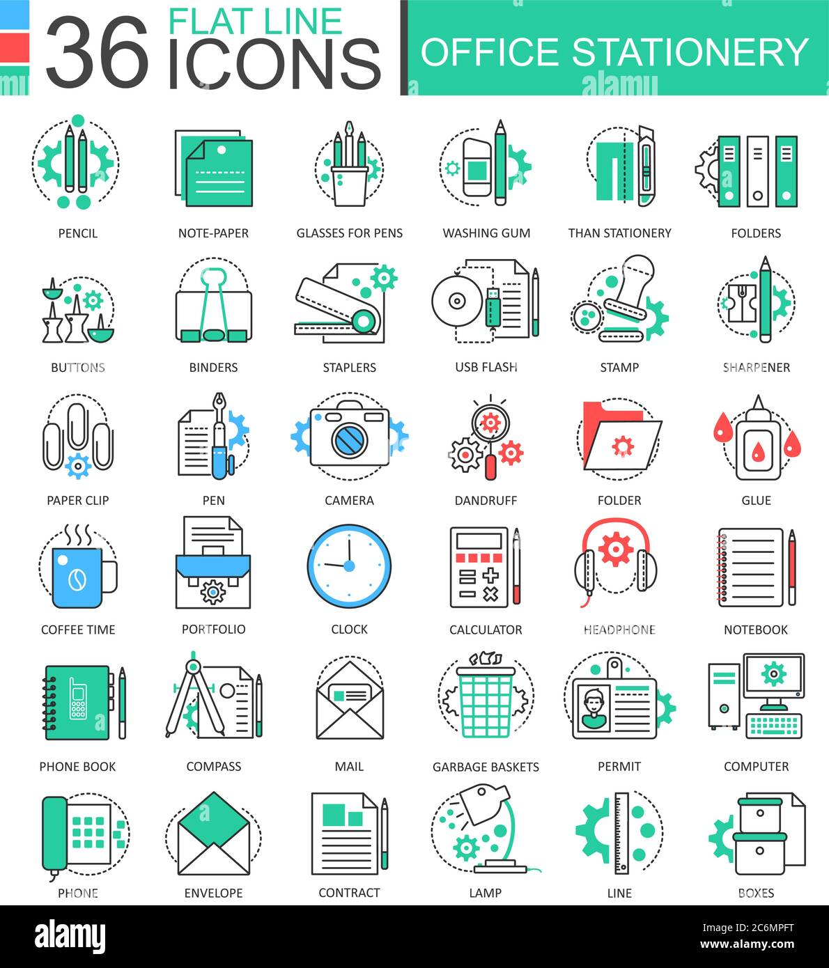 Vector Office stationery color flat line outline icons for apps and web design. Stationery icons elements Stock Vector