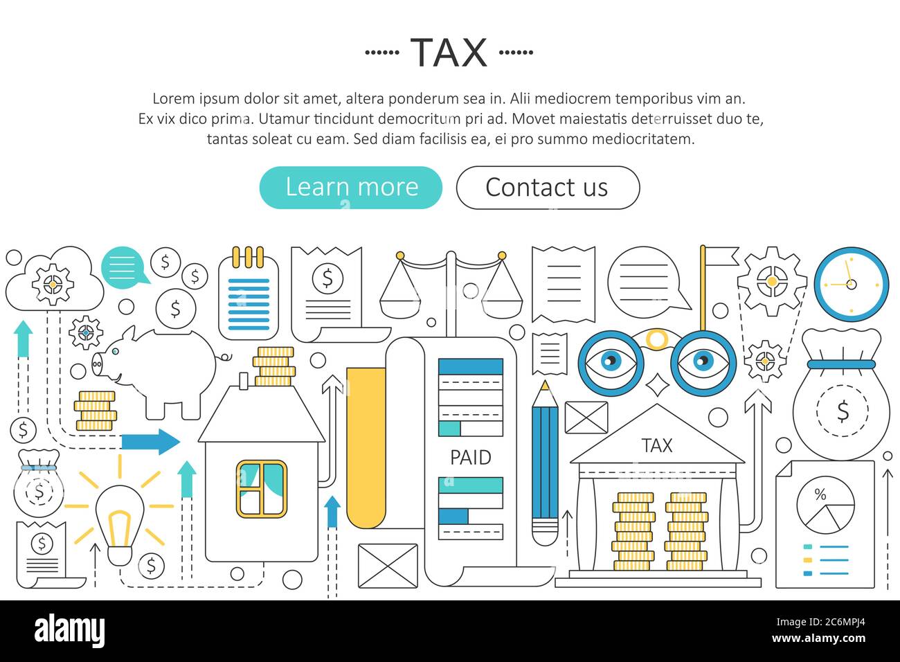 Vector elegant thin flat line tax taxes concept. Web header tax taxes banner elements layout. Presentation, flyer and poster Stock Vector