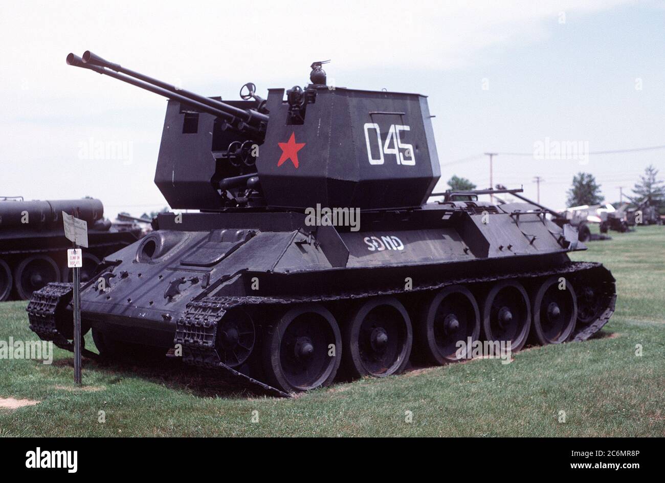 A People's Republic of China Type 65 37mm air defense gun system on display at the U.S. Army Aberdeen Proving Grounds.  It is a Chinese Type 65 anti-aircraft gun mounted on a Soviet T-34 tank body. Stock Photo