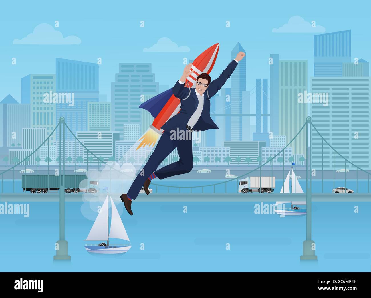Businessman flying by the rocket on the modern city landscape ...