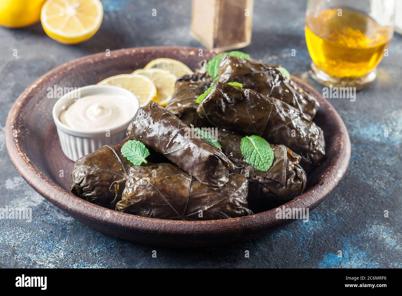 Dolma stuffed grape leaves with rice and meat. Traditional Caucasian, Ottoman, Turkish and