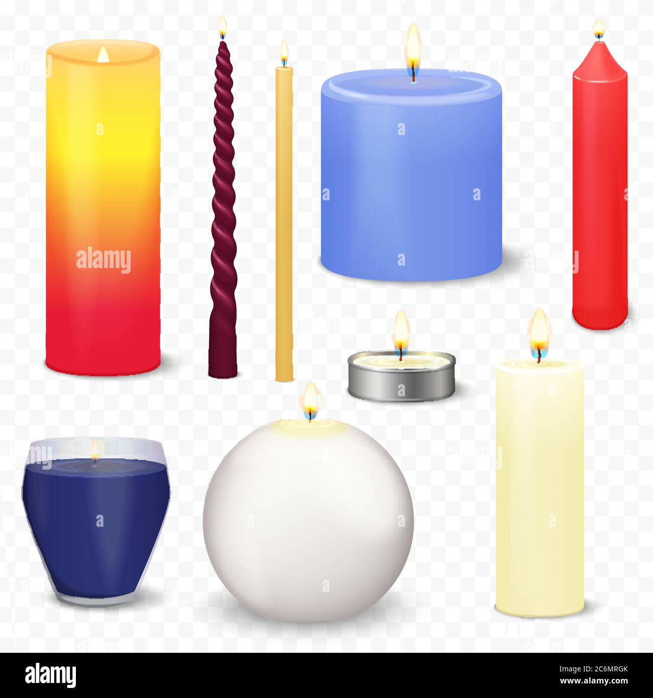 Set of different realistic 3d christmas candles isolated on the transperant alpha background. Fire light flame candle Stock Vector
