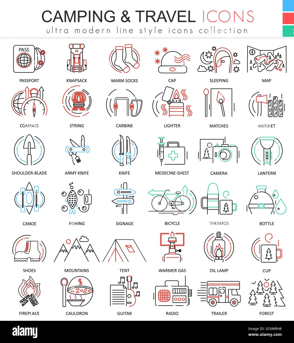 Vector camping nature adventure ultra modern color outline line icons ...
