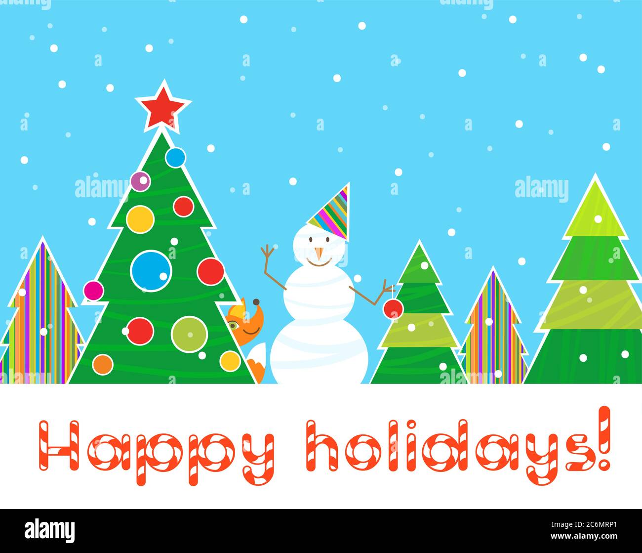Greeting Christmas card, snowman in the forest with color patterns christmas trees. Happy holidays Stock Vector