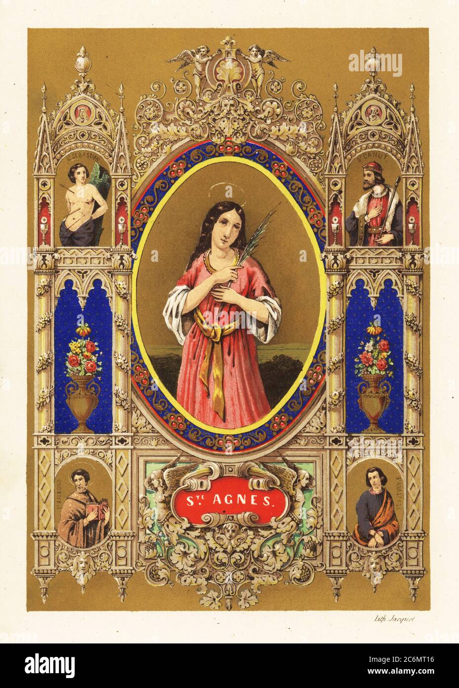 Portrait of Saint Agnes of Rome, virgin martyr, with halo and palm frond within decorative border. Vignettes of martyr Saint Sebastian, King Canute the Holy or Saint Canute, Saint Anatasia of Sirmium, Anastasia the Pharmakolytria, and Saint Raymond of Fitero. Chromolithograph by Jacquet from Legende Celeste, nouvelle histoire de la Vie des Saints, Celestial Legend, Lives of the Saints, Paul Mellier, Paris, 1845. Stock Photo