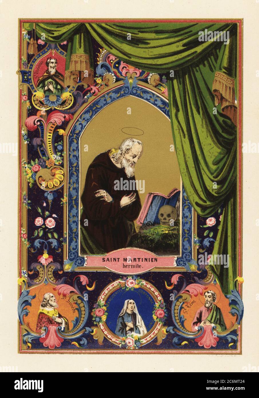 Portrait of Saint Martinian, hermit of Caesarea in Palestine, with halo, reading Bible leaning against a human skull, within decorative border of curtains and foliage. Vignettes of Saint Theodore of Amasea, Saint Theodule,  martyr Saint Leon, Saint Margaret of Cortona and Saint Simeon. Chromolithograph from Legende Celeste, nouvelle histoire de la Vie des Saints, Celestial Legend, Lives of the Saints, Paul Mellier, Paris, 1845. Chromolithograph by Jules Desportes, professor of lithography at the Institut Royal des Sourds-Muets. Stock Photo