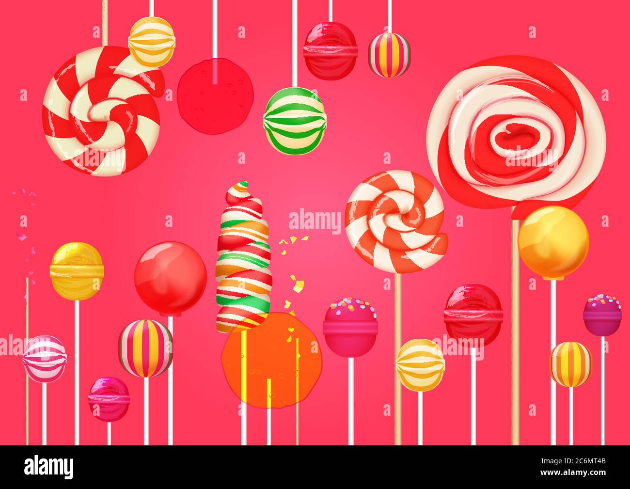 Red pink sugar background with bright colorful lollipops candy sweets