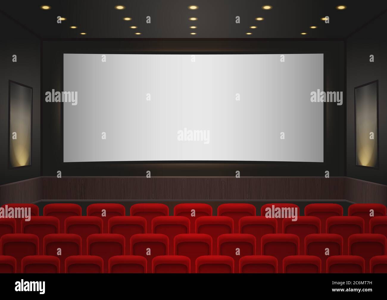 Interior of a cinema movie theatre. Red cinema or theater seats in front of white blank screen. Empty Cinema auditorium background vector illustration Stock Vector
