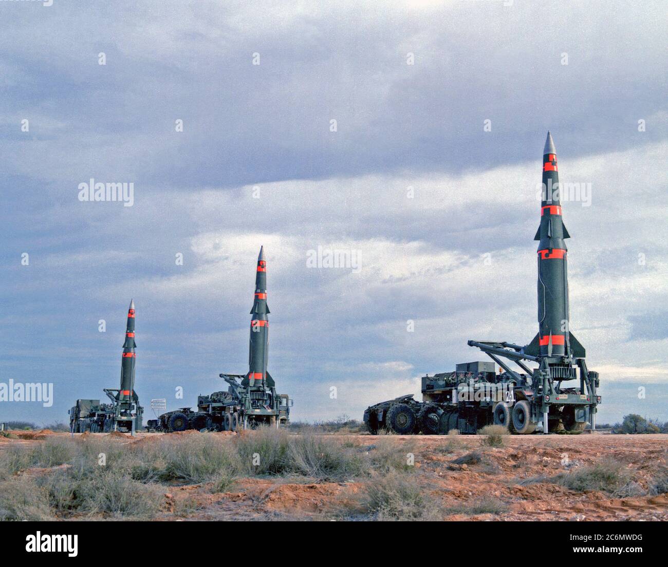 Several Pershing II missiles are prepared for launching at the McGregor Range. Stock Photo