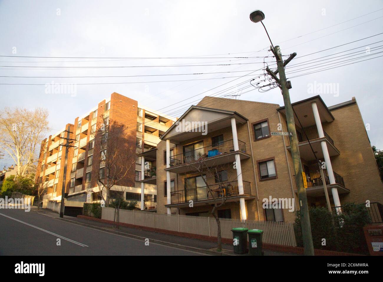 Apartments on a hill in Wigram Road, Forest Lodge in Sydney’s inner west, just before sunset. Stock Photo