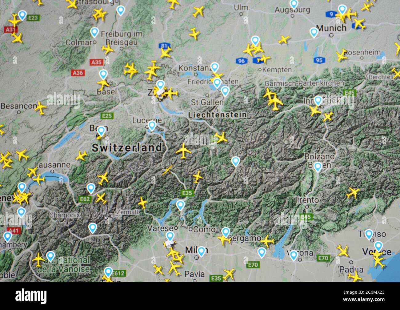 air traffic over Switzerland, Italy, Germany, France, Austria (10 july 2020, UTC 19.35)  on Internet with Flightradar 24 site. Coronavirus peirod Stock Photo
