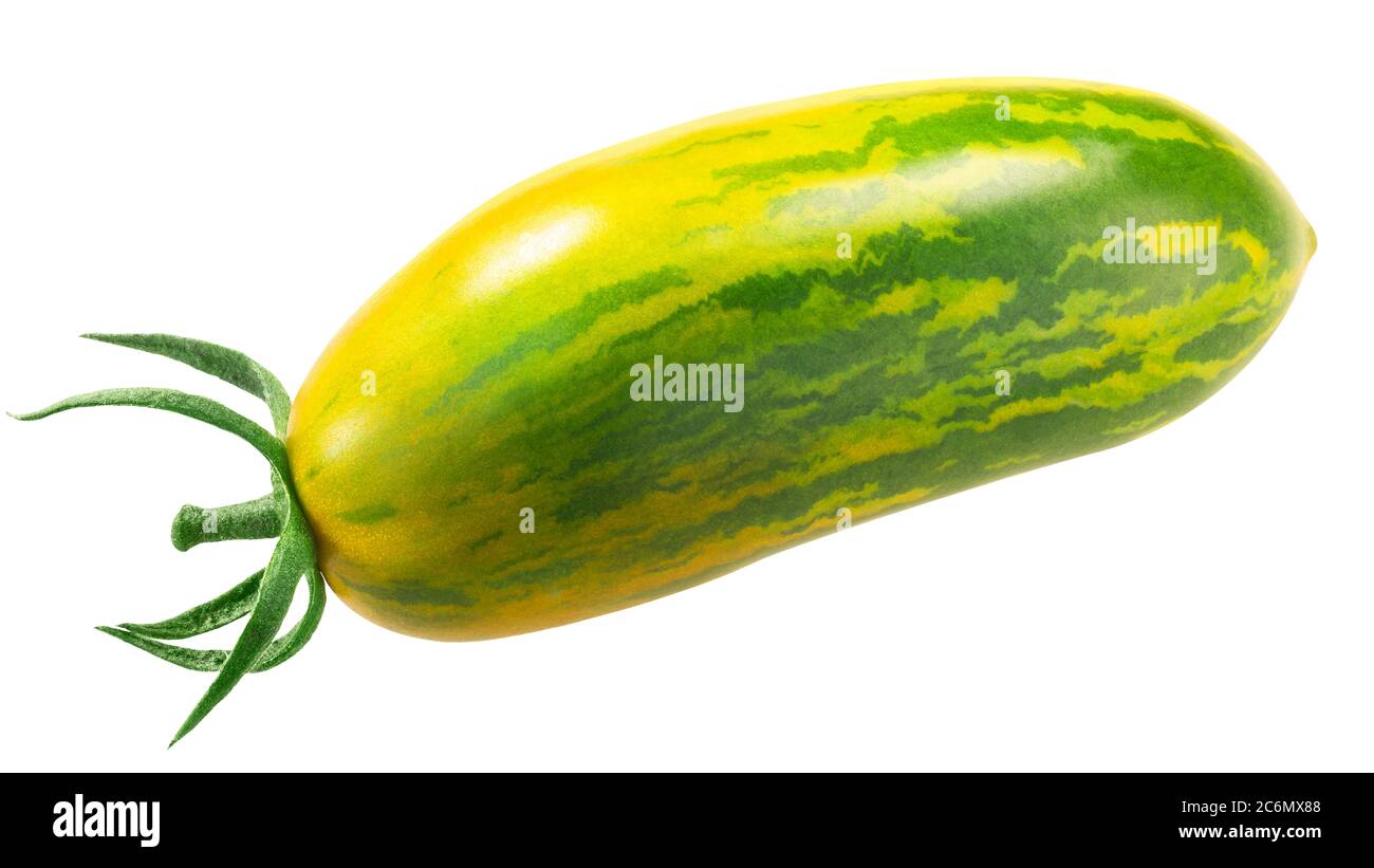 Green sausage heirloom tomato (Solanum lycopersicum fruit) isolated w clipping paths Stock Photo