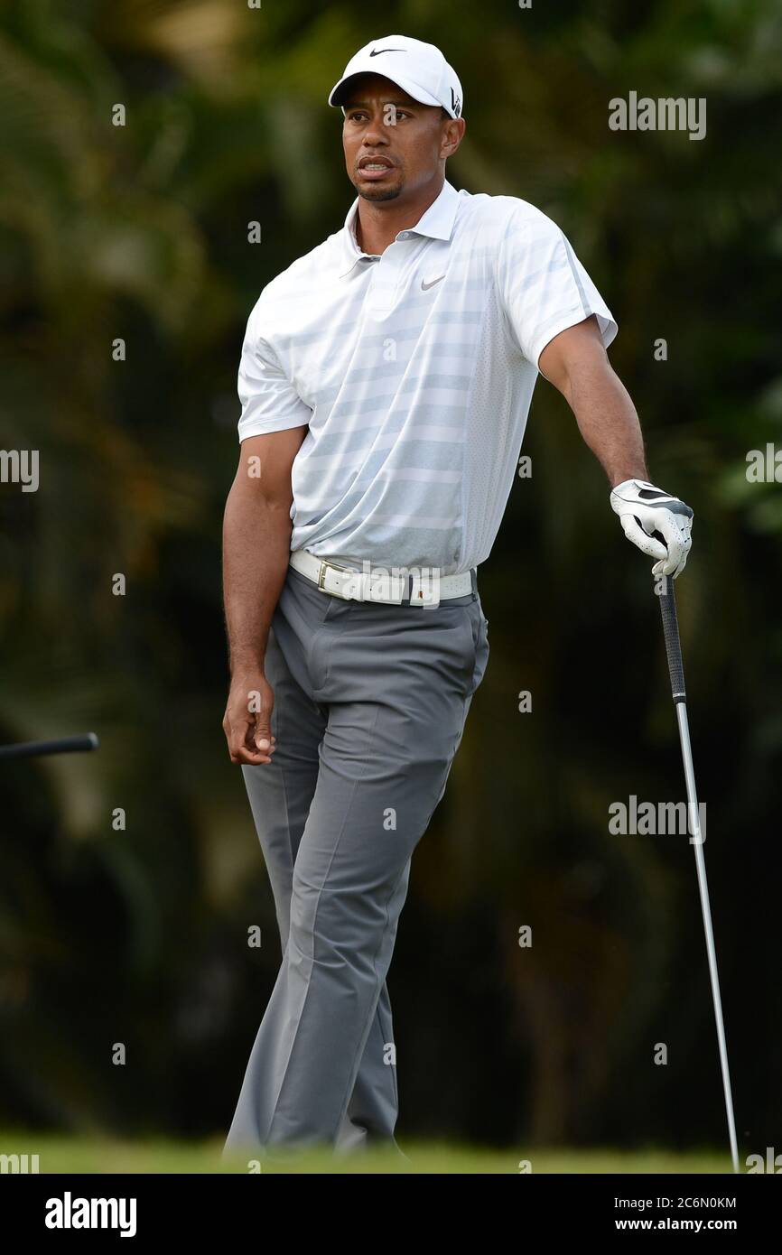 DORAL, FL - MARCH 09: Tiger Woods plays during round 3 of the WGC-Cadillac Championship at the Trump Doral Golf Resort & Spa on March 9, 2013 in Doral, Florida  People:  Tiger Woods  Transmission Ref:  MNC5  Must call if interested Michael Storms Storms Media Group Inc. 305-632-3400 - Cell 305-513-5783 - Fax MikeStorm@aol.com Stock Photo