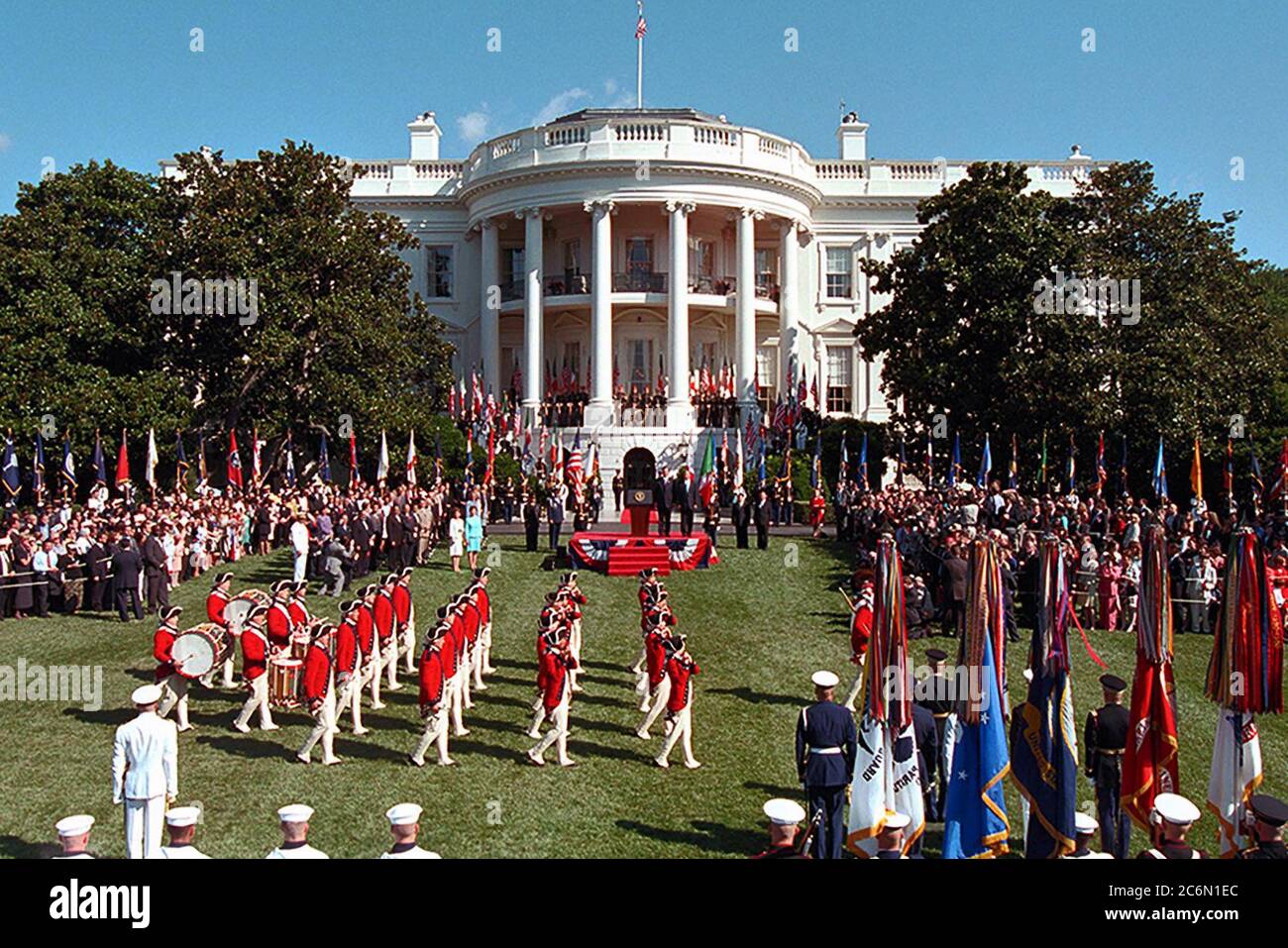 President George W. Bush and Mexico President Vicente Fox participate in the Musical Troop in Review (Army Fife and Drum Corps) during the State Arrival ceremony Wednesday, Sept. 5, 2001, on the South Lawn of the White House. Stock Photo