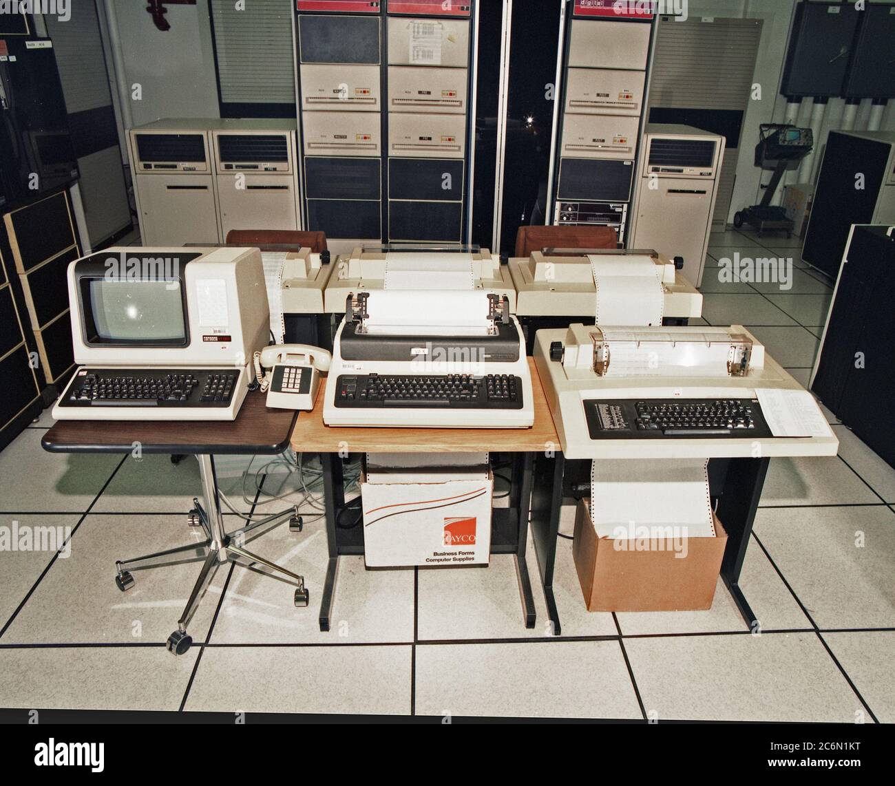 Computer room, computers and printers 1987 Stock Photo