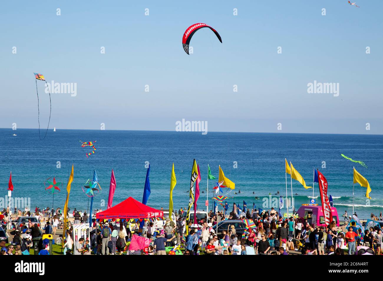 Kites fly in the sky over Bondi Beach in Sydney’s east during the
