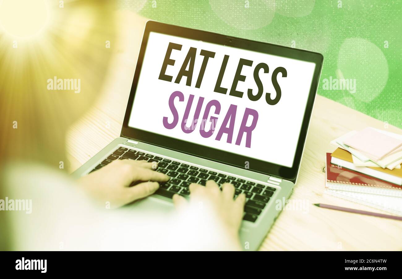 Writing note showing Eat Less Sugar. Business concept for reducing ...