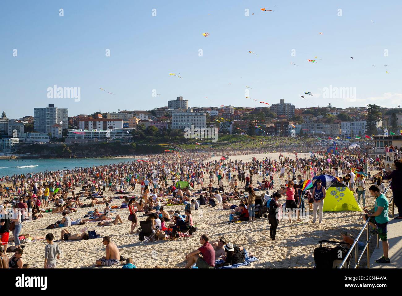 Kites fly in the sky over Bondi Beach in Sydney’s east during the