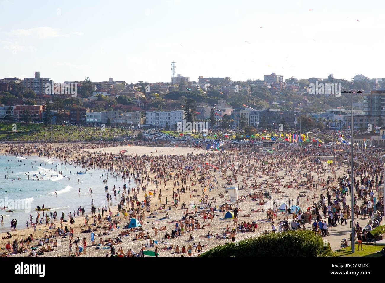 Kites fly in the sky over Bondi Beach in Sydney’s east during the