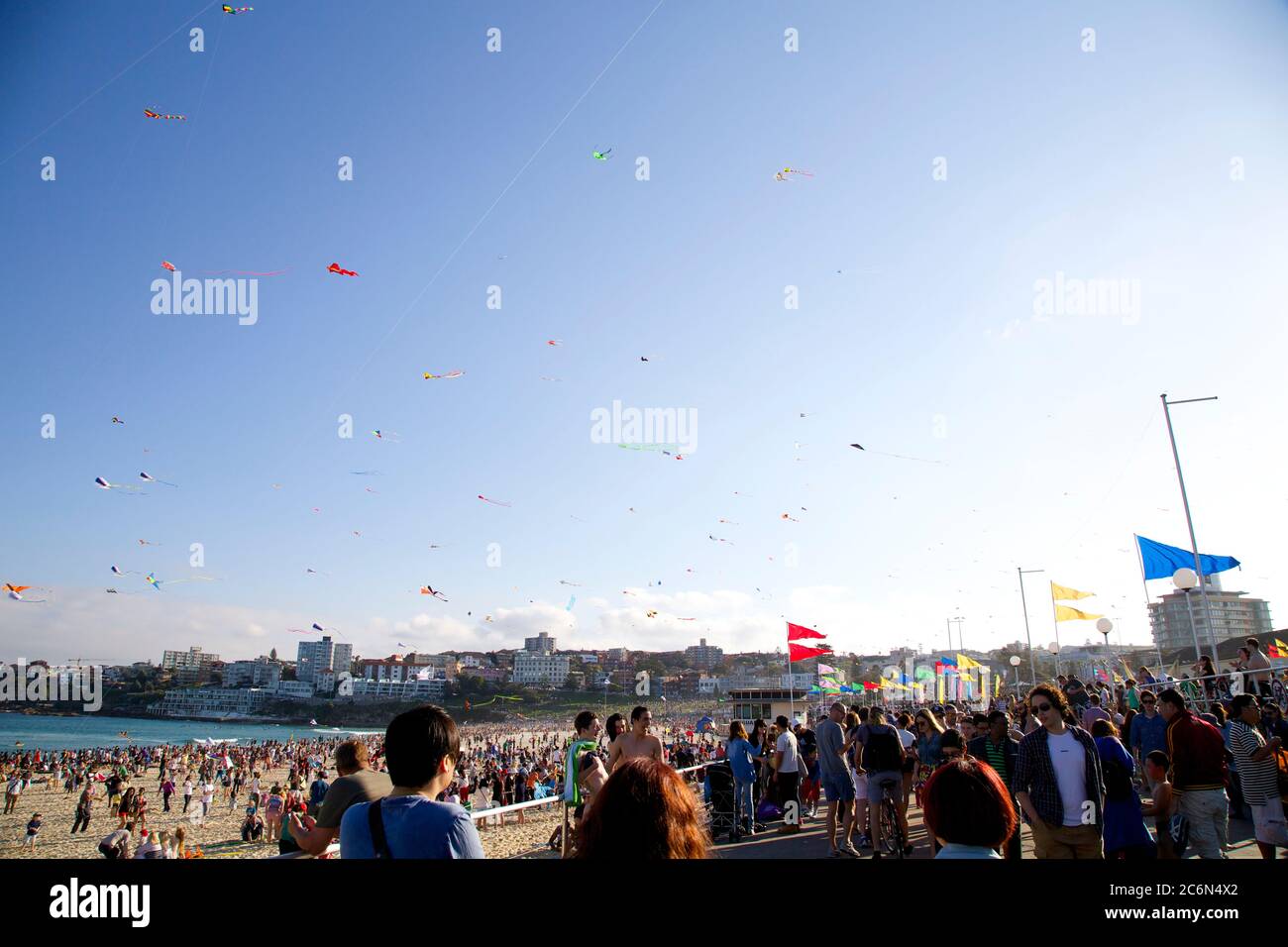 Kites fly in the sky over Bondi Beach in Sydney’s east during the