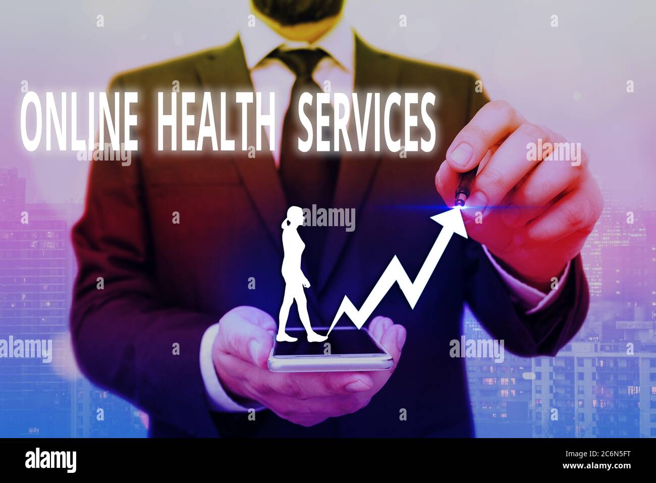 Writing note showing Online Health Services. Business concept for healthcare delivered and enhanced through the internet Arrow symbol going upward sho Stock Photo