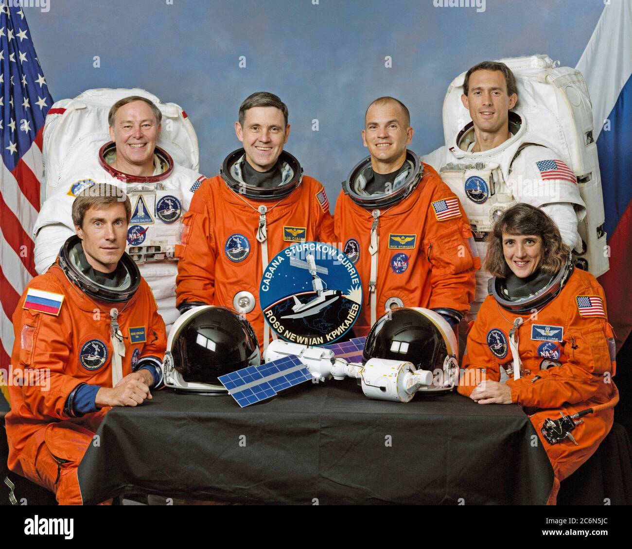 (November 1998) --- Five NASA astronauts and a Russian cosmonaut assigned to the mission, scheduled for an early December 1998 launch, take time out from their busy training agenda for a crew portrait. Seated in front are Sergei K. Krikalev, a mission specialist representing the Russian Space Agency (RSA), and astronaut Nancy J. Currie, mission specialist. In the rear, from the left, are astronauts Jerry L. Ross, mission specialist; Robert D. Cabana, mission commander; Frederick W. Sturckow, pilot; and James H. Newman, mission specialist. Stock Photo