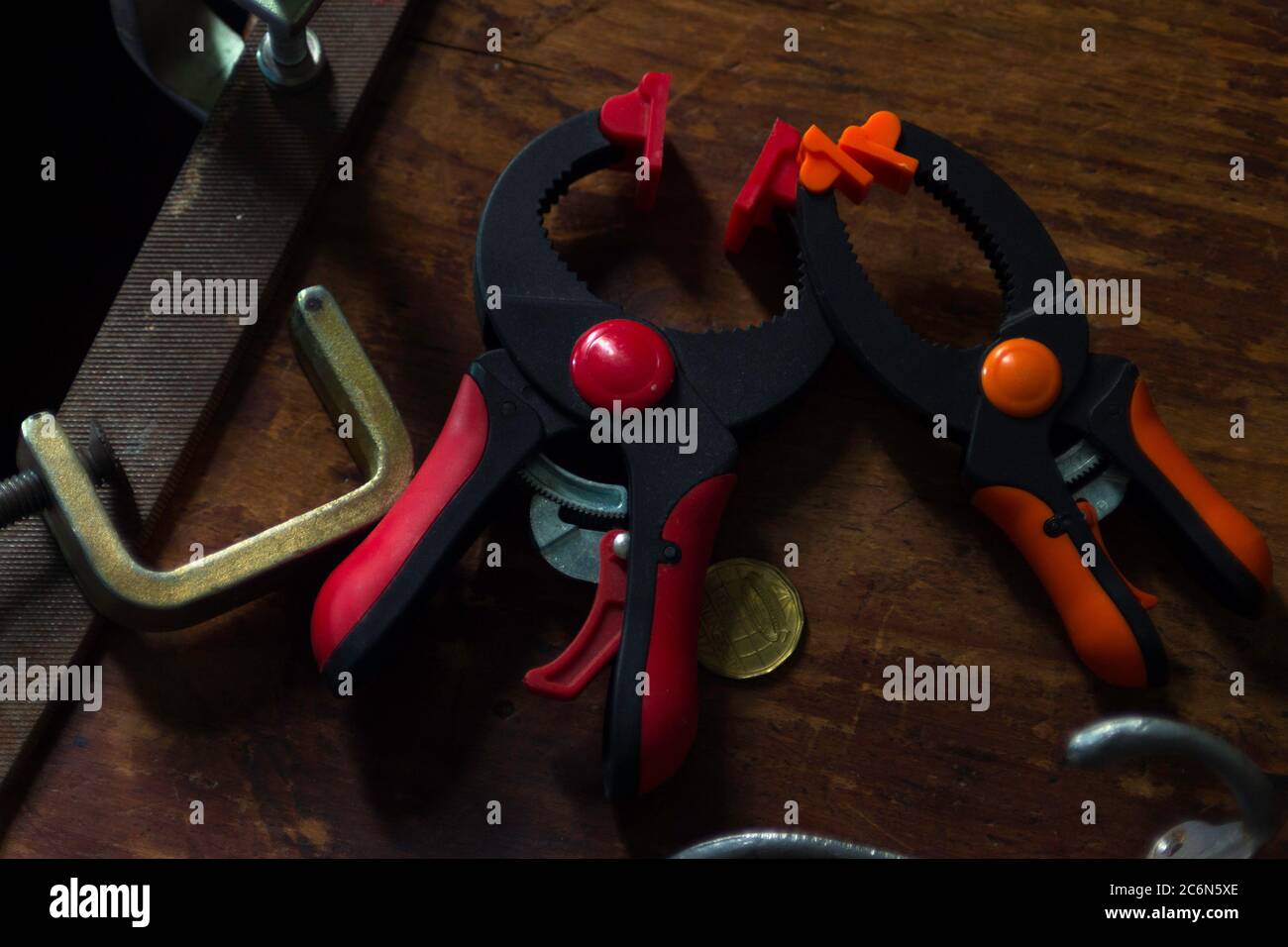 Plastic and brass clamps Stock Photo