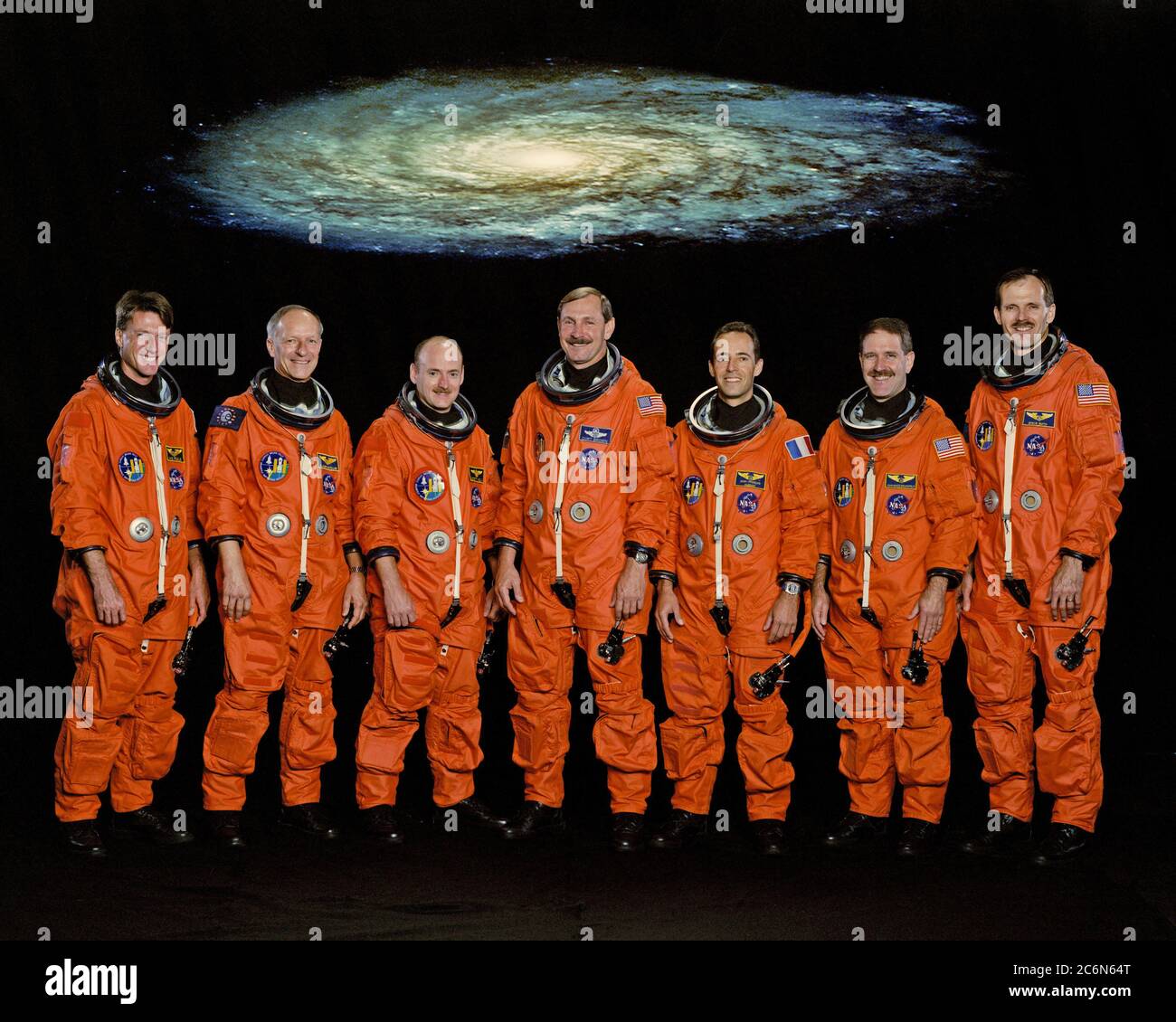 (August 1999) --- These seven astronauts have been assigned as crew members for NASA's third servicing mission to the Hubble Space Telescope (HST). They are, from the left, astronauts C. Michael Foale, Claude Nicollier, Scott J. Kelly, Curtis L. Brown, Jr., Jean-Francois Clervoy, John M. Grunsfeld and Steven L. Smith. Stock Photo