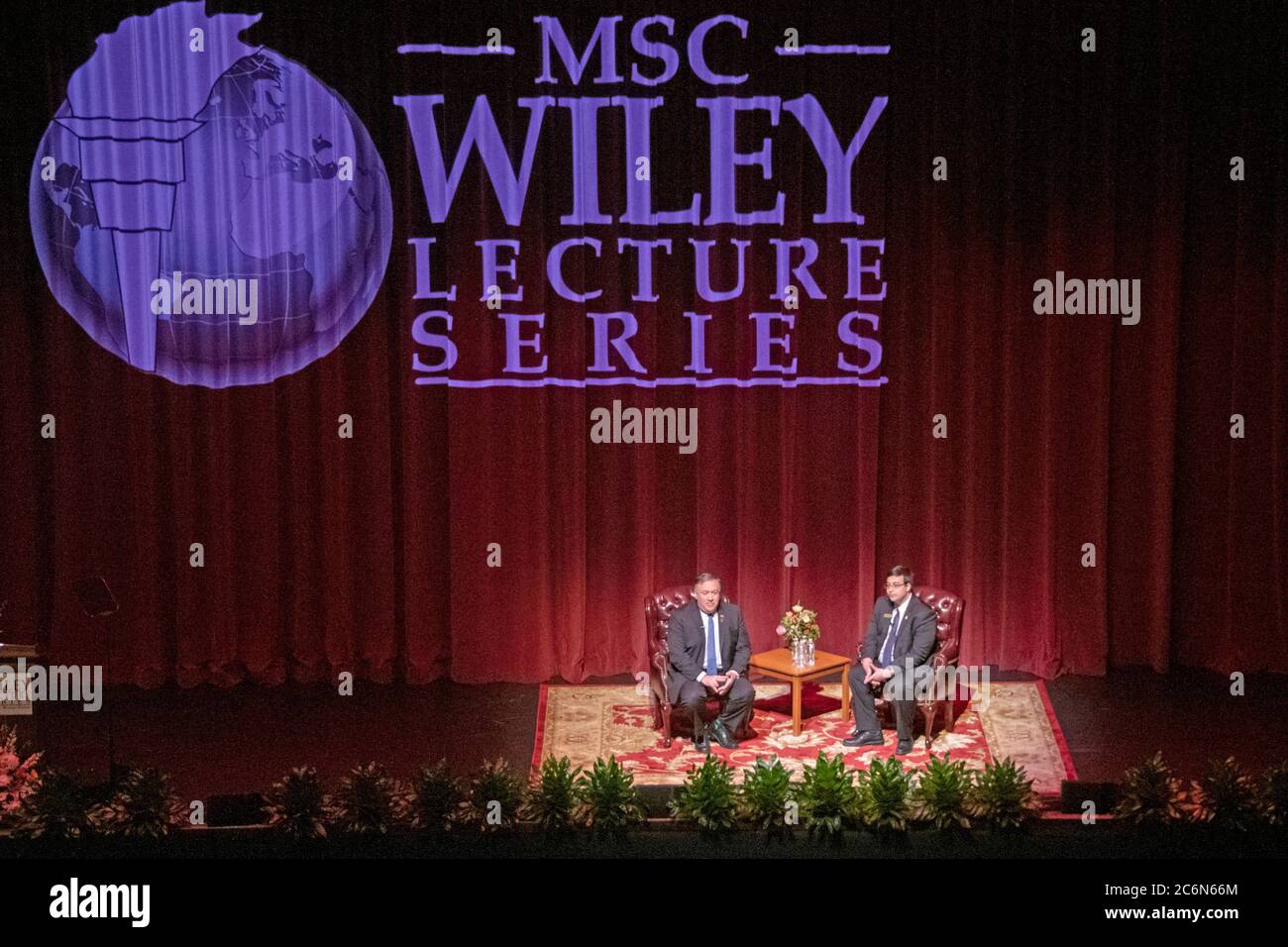 Secretary of State Michael R. Pompeo delivers remarks at Texas A&M University as part of the Wiley Lecture Series, in College Station, Texas, April 15, 2019 Stock Photo