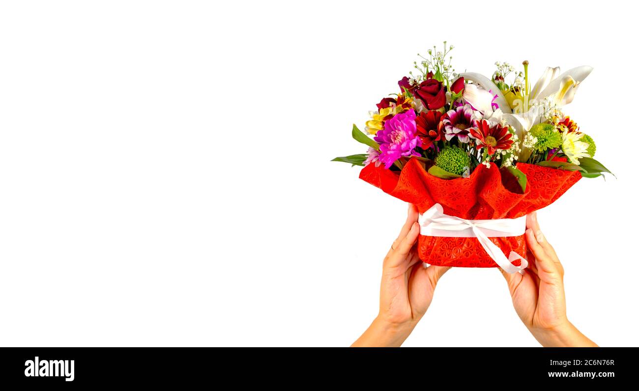 Women's hands holding colorful bouquet of flowers. Composition of various flowers in wrapping basket on isolated white background. Stock Photo