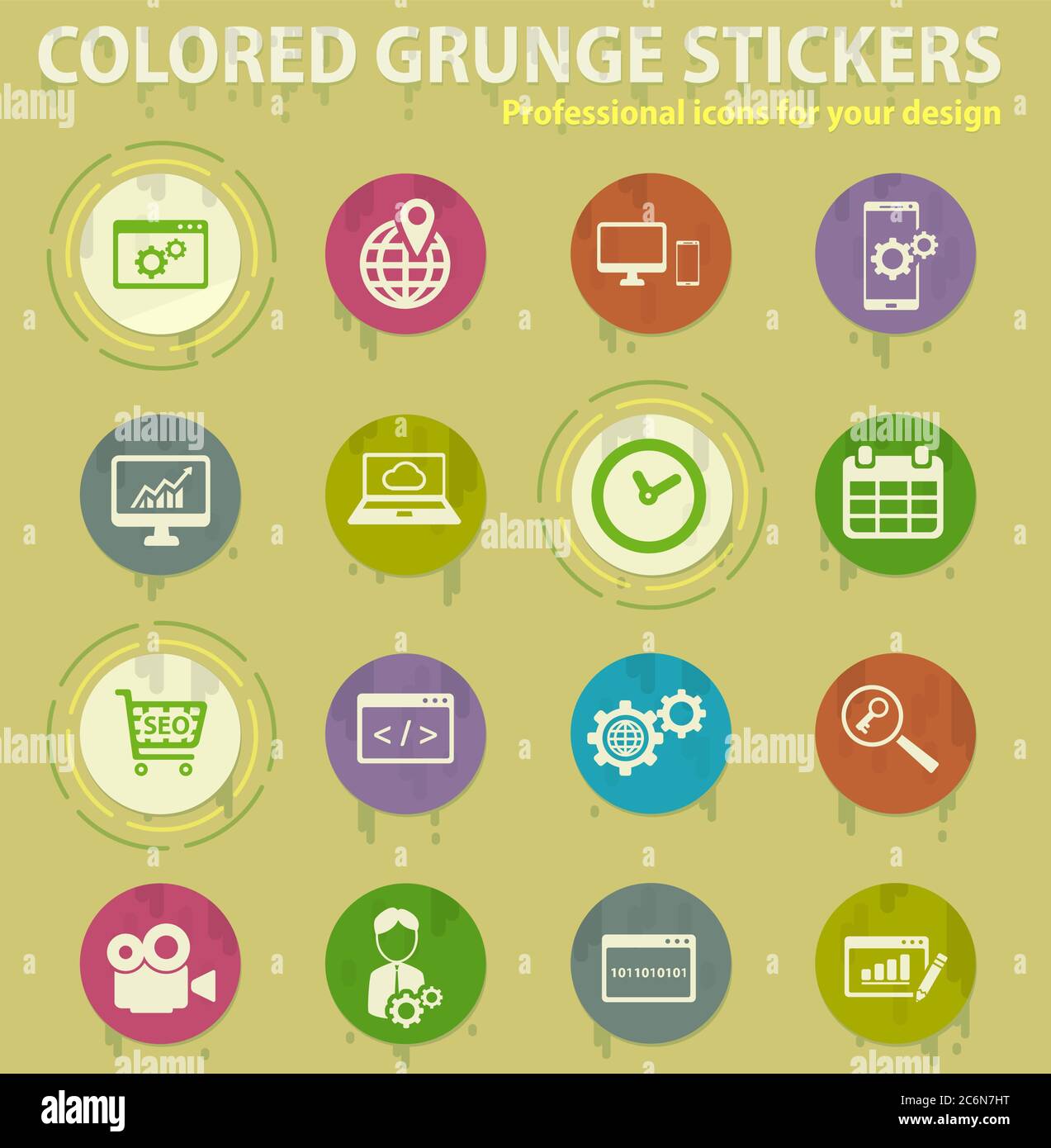 SEO and development colored grunge icons Stock Vector