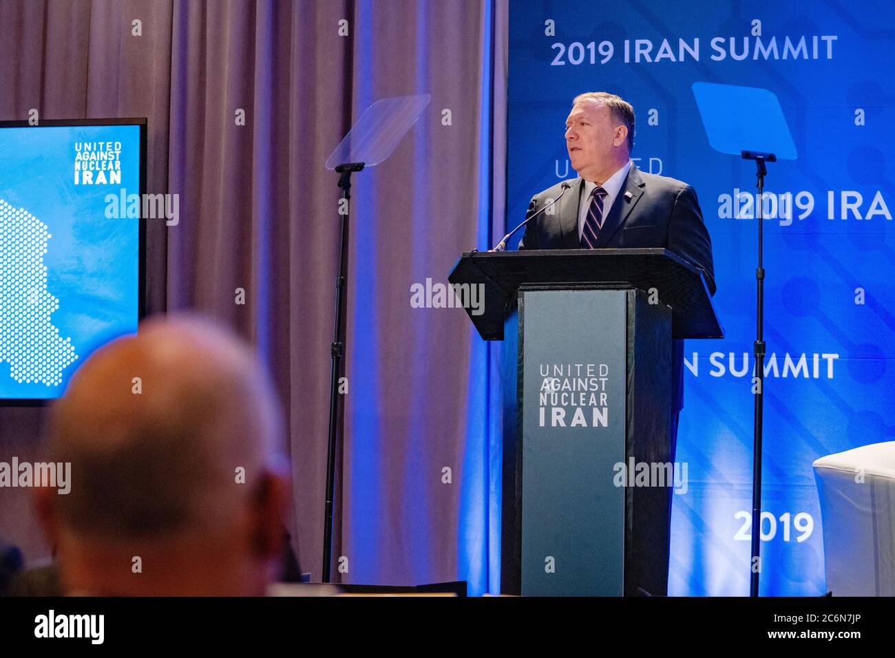 U.S. Secretary of State Mike Pompeo delivers keynote remarks at United Against Nuclear Iran’s 2019 Iran Summit in New York City on September 25, 2019 Stock Photo