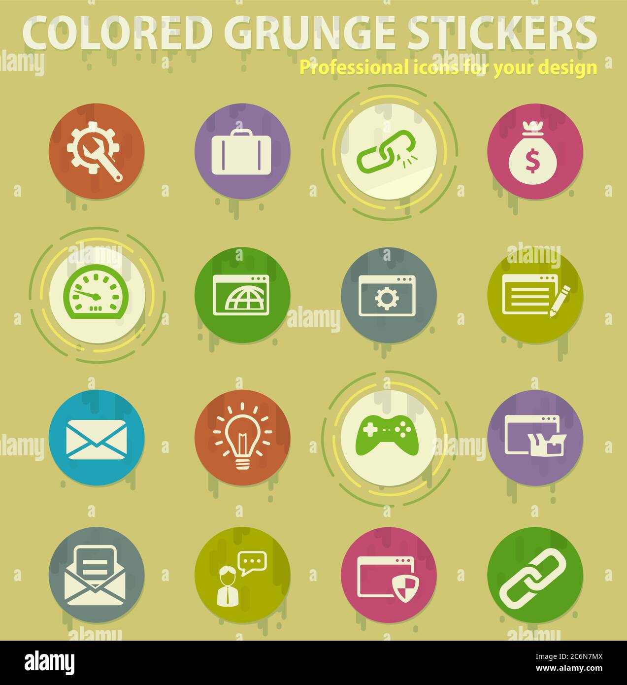 SEO and development colored grunge icons Stock Vector