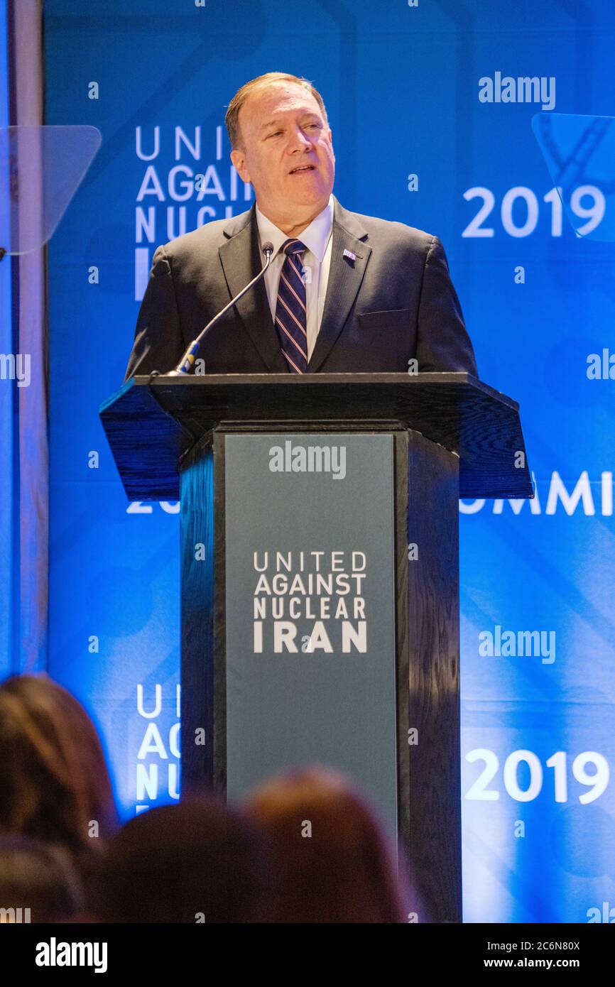 U.S. Secretary of State Mike Pompeo delivers keynote remarks at United Against Nuclear Iran’s 2019 Iran Summit in New York City on September 25, 2019 Stock Photo