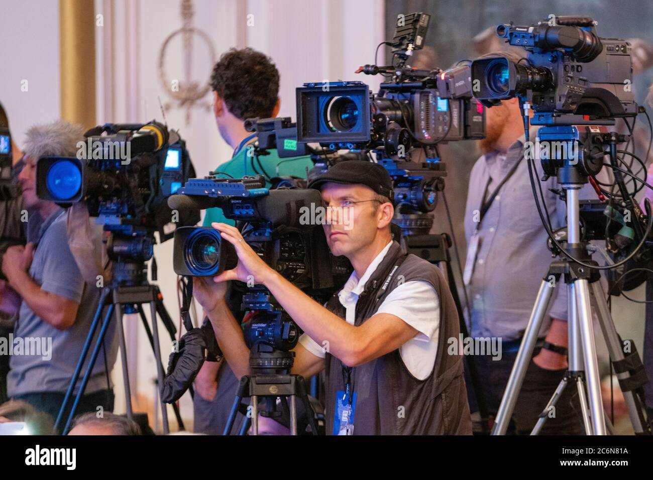 Cameramen as Secretary Pompeo Delivers Keynote Remarks at United Against Nuclear Iran’s 2019 Iran Summit ca. September 2019 Stock Photo