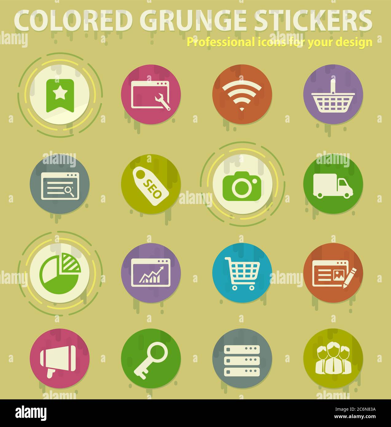 SEO and development colored grunge icons Stock Vector