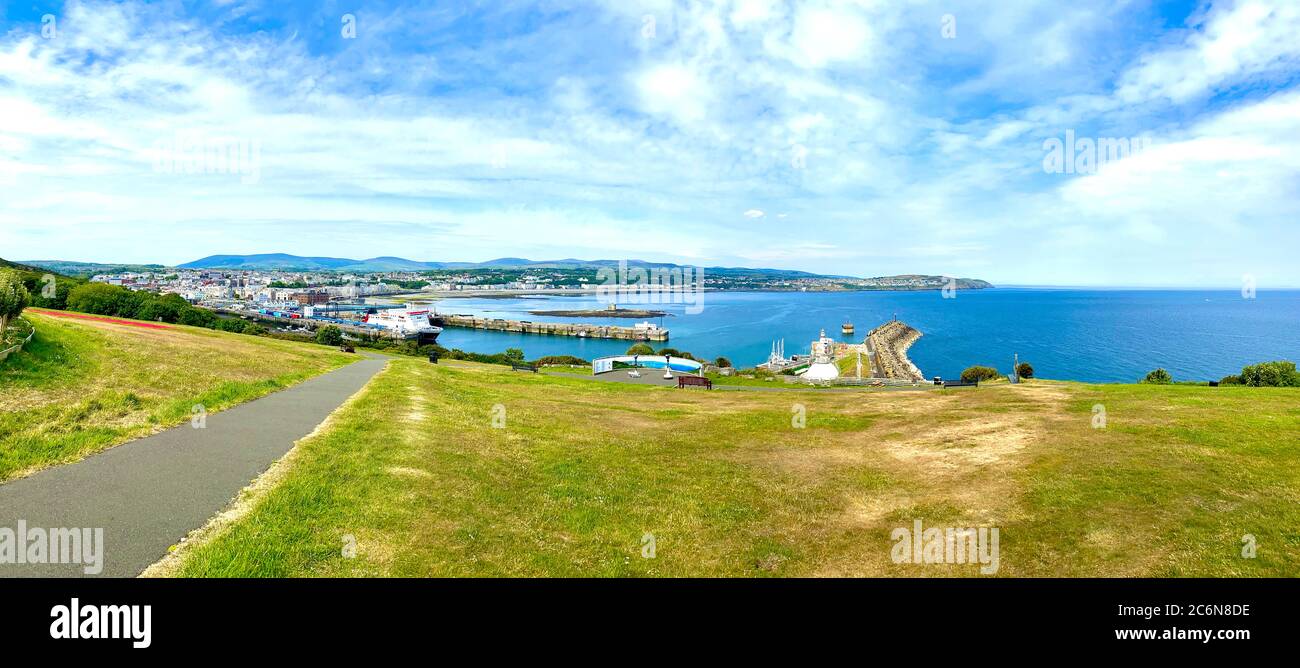 Panorama of Douglas and bay with the ferry terminal and Promenade, Isle of Man, British Isles