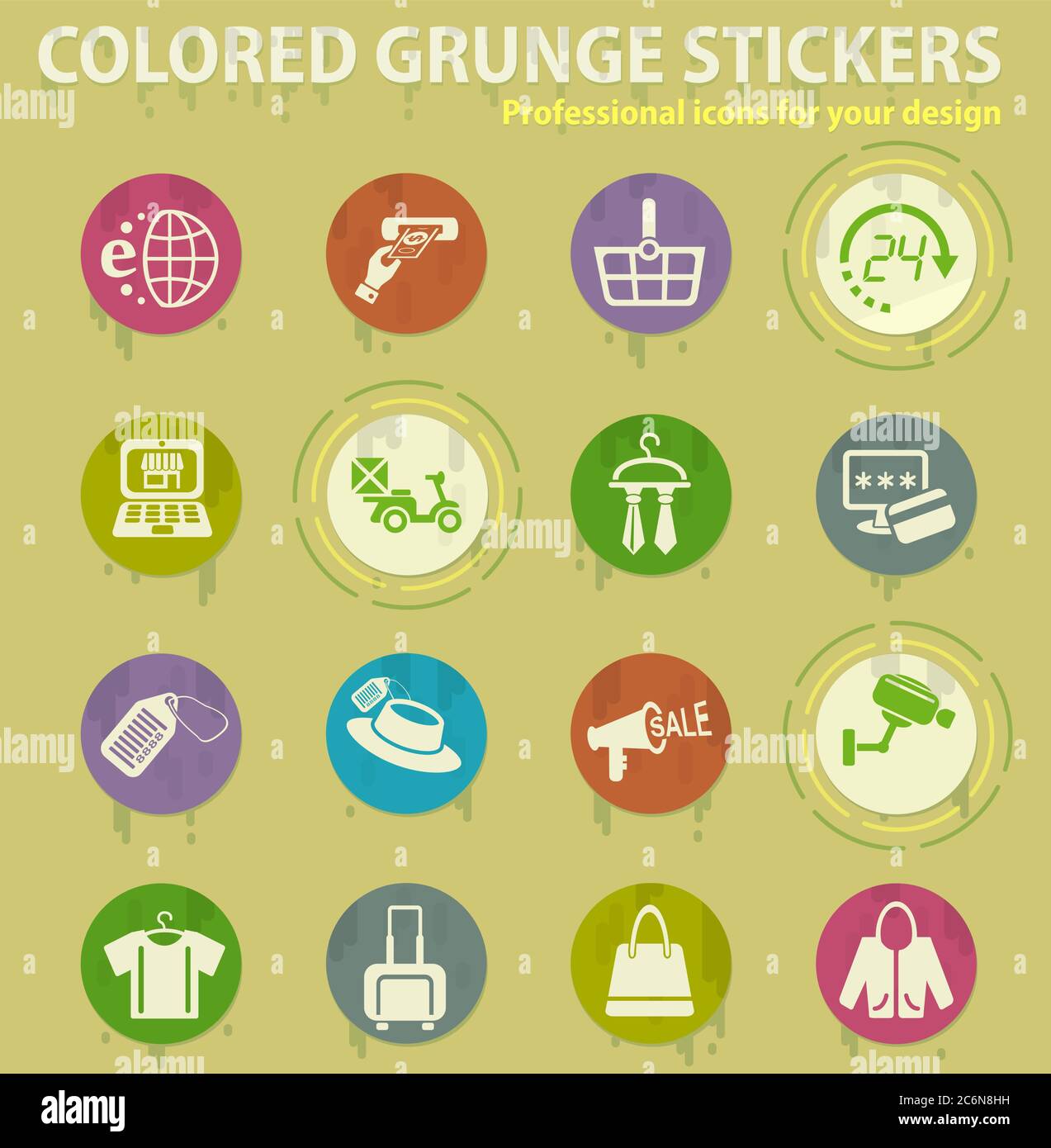 shopping and e-commerce colored grunge icons Stock Vector