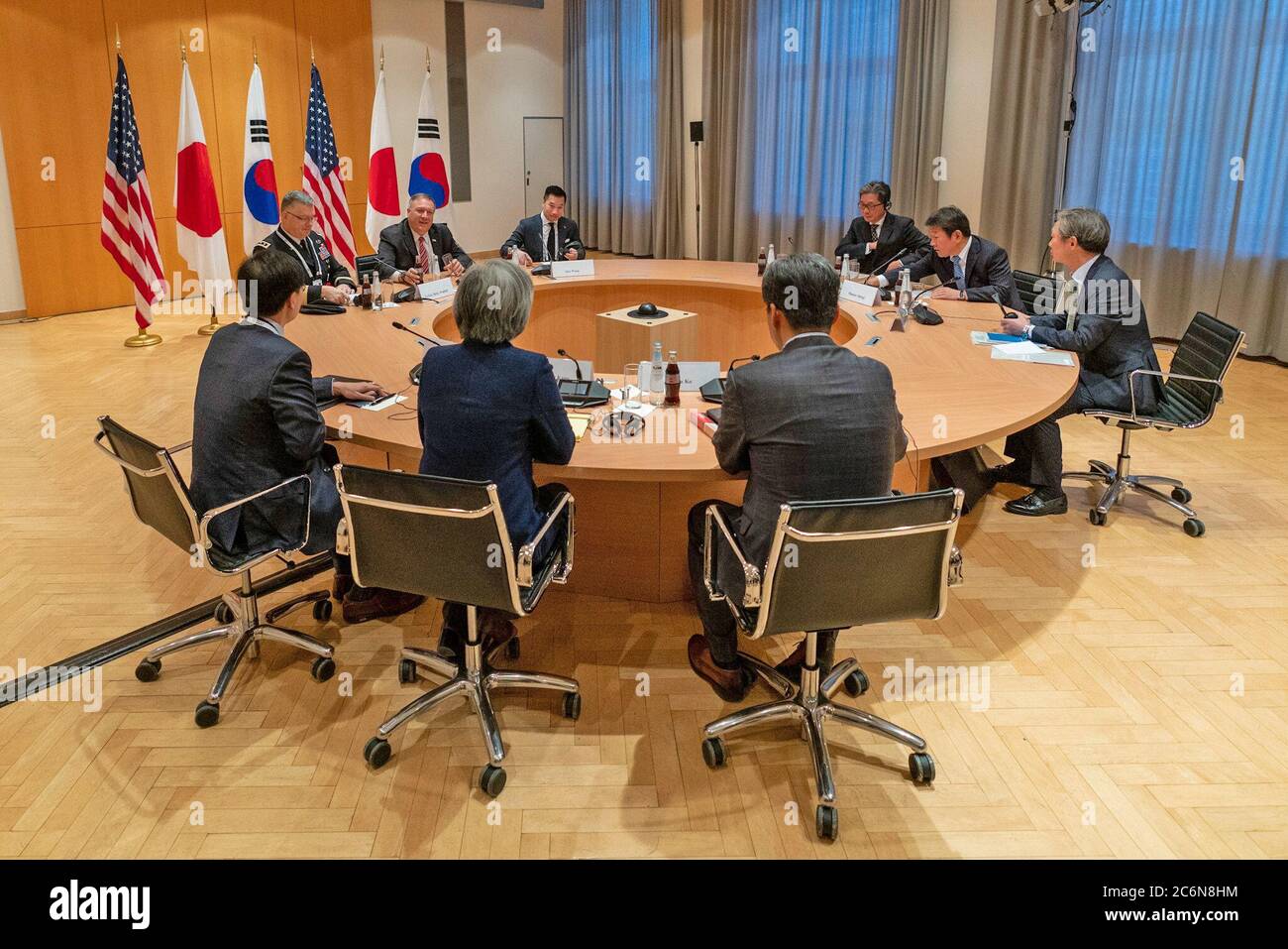 U.S. Secretary of State Pompeo meets with Japanese Foreign Minister Toshimitsu Motegi and Republic of Korea Foreign Minister Kyung-wha Kang in Munich on February 15, 2020 Stock Photo