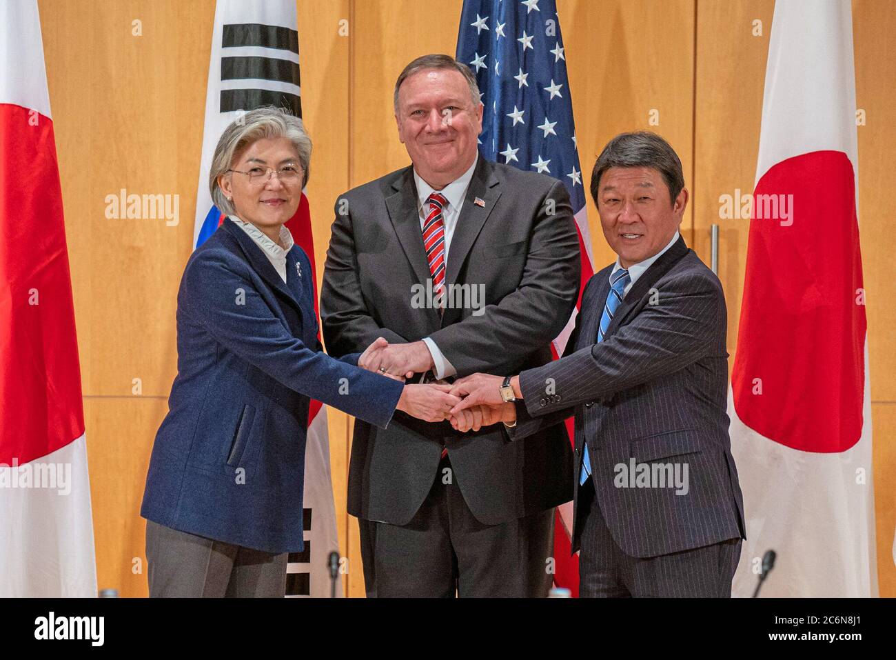 U.S. Secretary of State Pompeo meets with Japanese Foreign Minister Toshimitsu Motegi and Republic of Korea Foreign Minister Kyung-wha Kang in Munich on February 15, 2020 Stock Photo