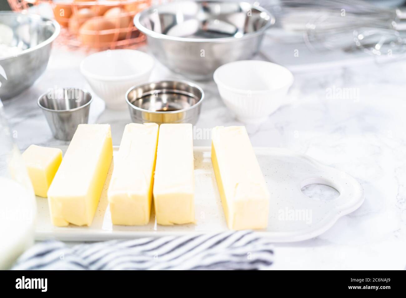 Ingredients to bake funfetti cake with colorful sprinkles Stock Photo