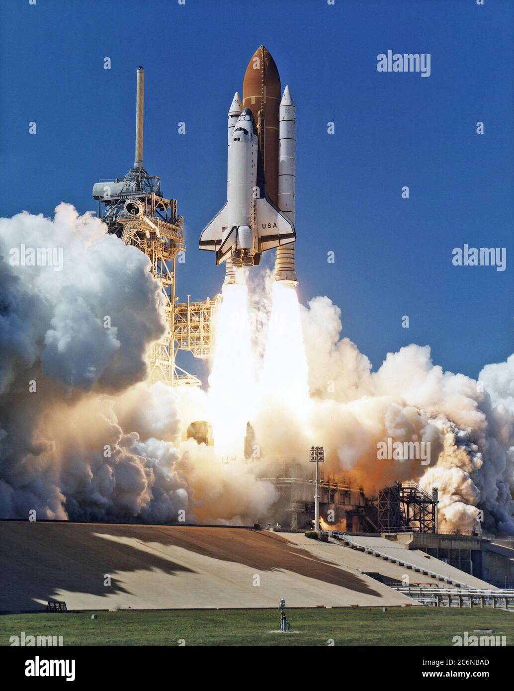 Like a rising sun lighting up the afternoon sky, the Space Shuttle Columbia soars from Launch Pad 39A at 2:20:32 p.m. EST, April 4, on the 16-day Microgravity Science Laboratory-1 (MSL-1) mission. The crew members are Mission Commander James D. Halsell, Jr.; Pilot Susan L. Still; Payload Commander Janice Voss; Mission Specialists Michael L. Gernhardt and Donald A. Thomas; and Payload Specialists Roger K. Crouch and Gregory T. Linteris. Stock Photo