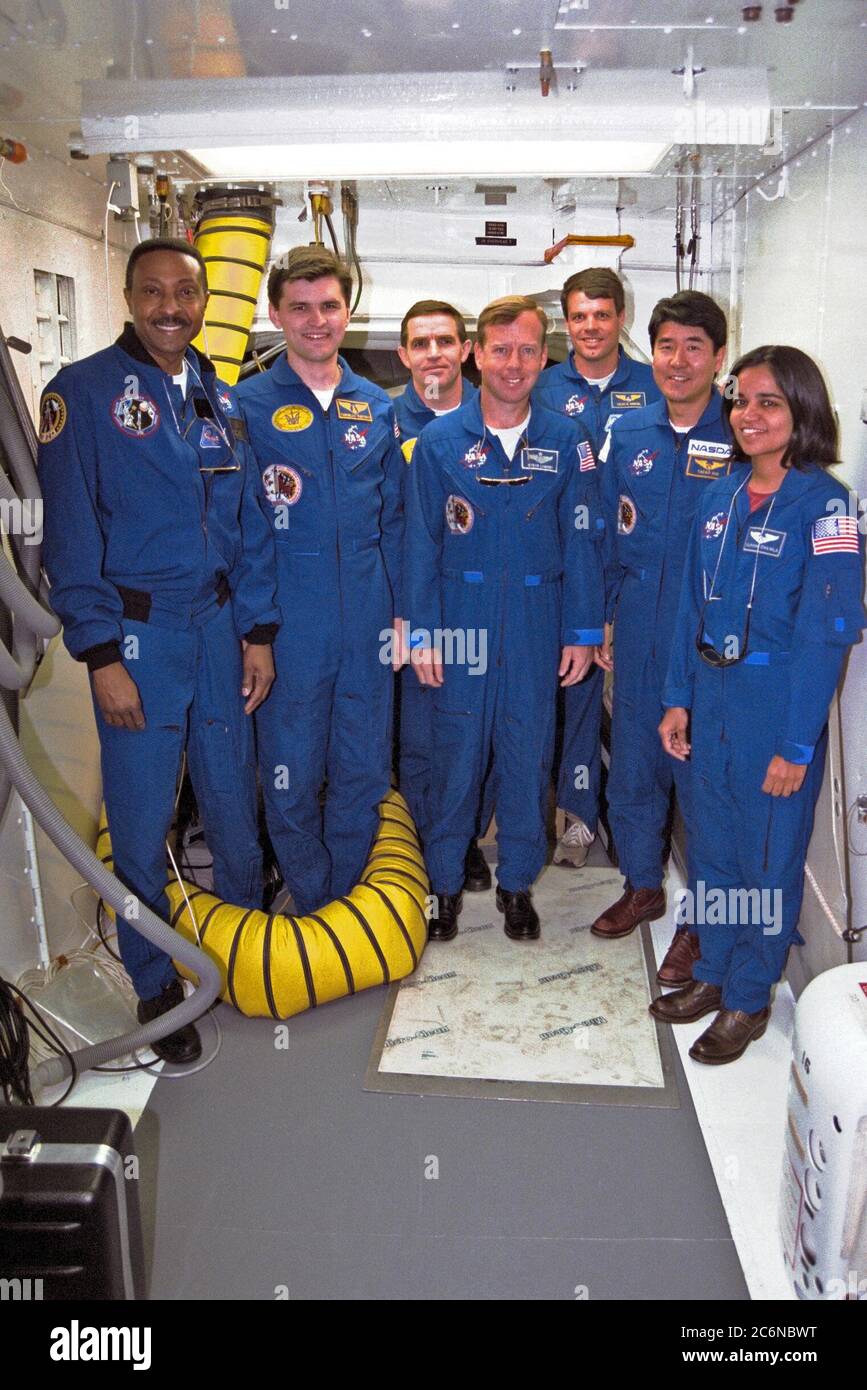 The crew of the STS-87 mission, scheduled for launch Nov. 19 aboard the Space Shuttle Columbia from pad 39B at Kennedy Space Center (KSC), participates in the Terminal Countdown Demonstration Test (TCDT) at KSC. Standing, from left, are Mission Specialist Winston Scott; backup Payload Specialist Yaroslav Pustovyi, Ph.D., of the National Space Agency of Ukraine (NSAU); Payload Specialist Leonid Kadenyuk of NSAU; Pilot Steven Lindsey; Commander Kevin Kregel; Mission Specialist Takao Doi, Ph.D., of the National Space Development Agency of Japan; and Mission Specialist Kalpana Chawla, Ph.D. Stock Photo